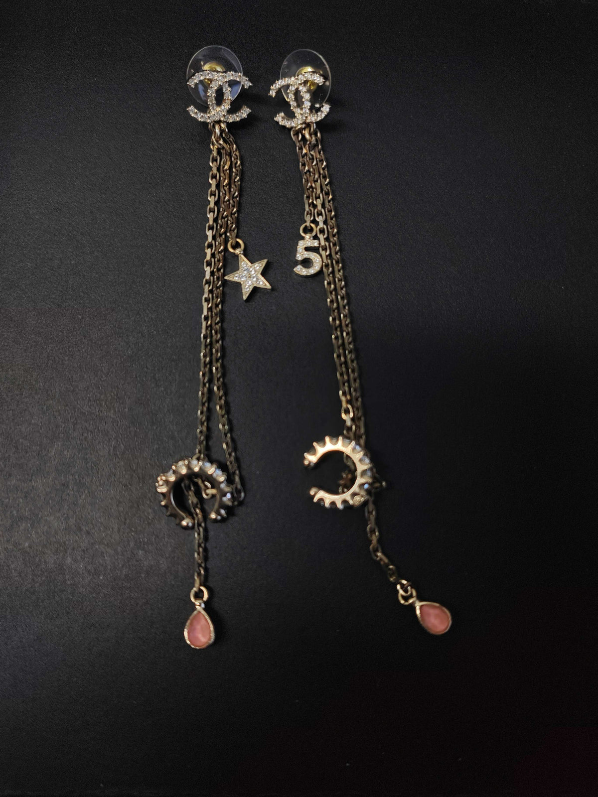 Chanel - Other - Gold-tone metal with clear crystal embellishments and pink drop accents; exact stone composition is unconfirmed. - Multicolour