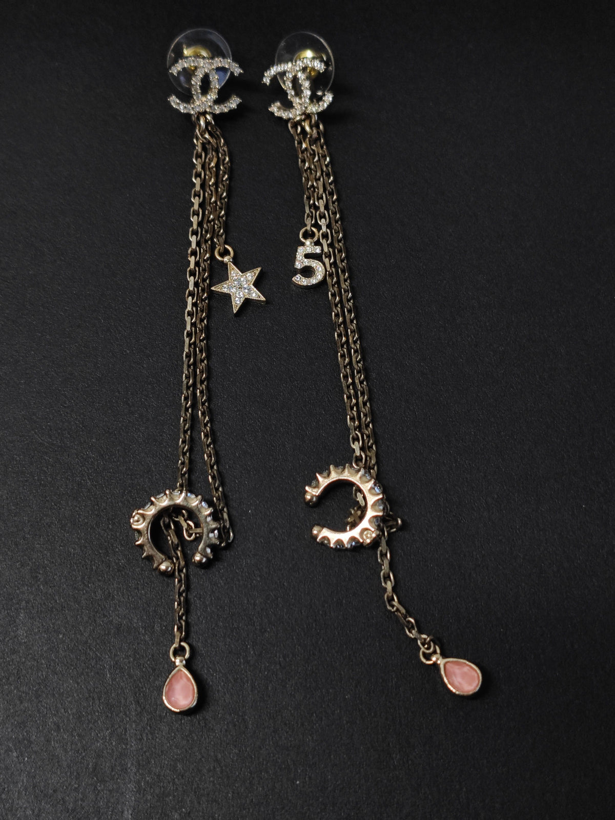 Chanel - Other - Gold-tone metal with clear crystal embellishments and pink drop accents; exact stone composition is unconfirmed. - Multicolour
