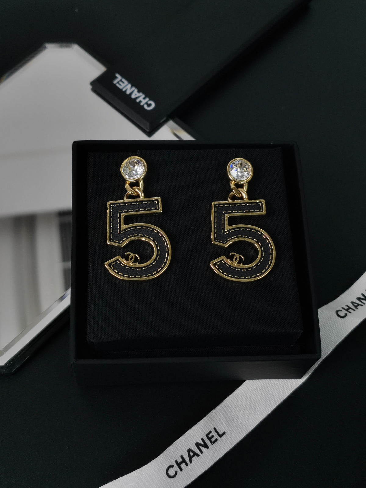 Chanel - Other - Gold-tone metal with clear faceted stone accents and navy number 5 detailing. - Multicolour