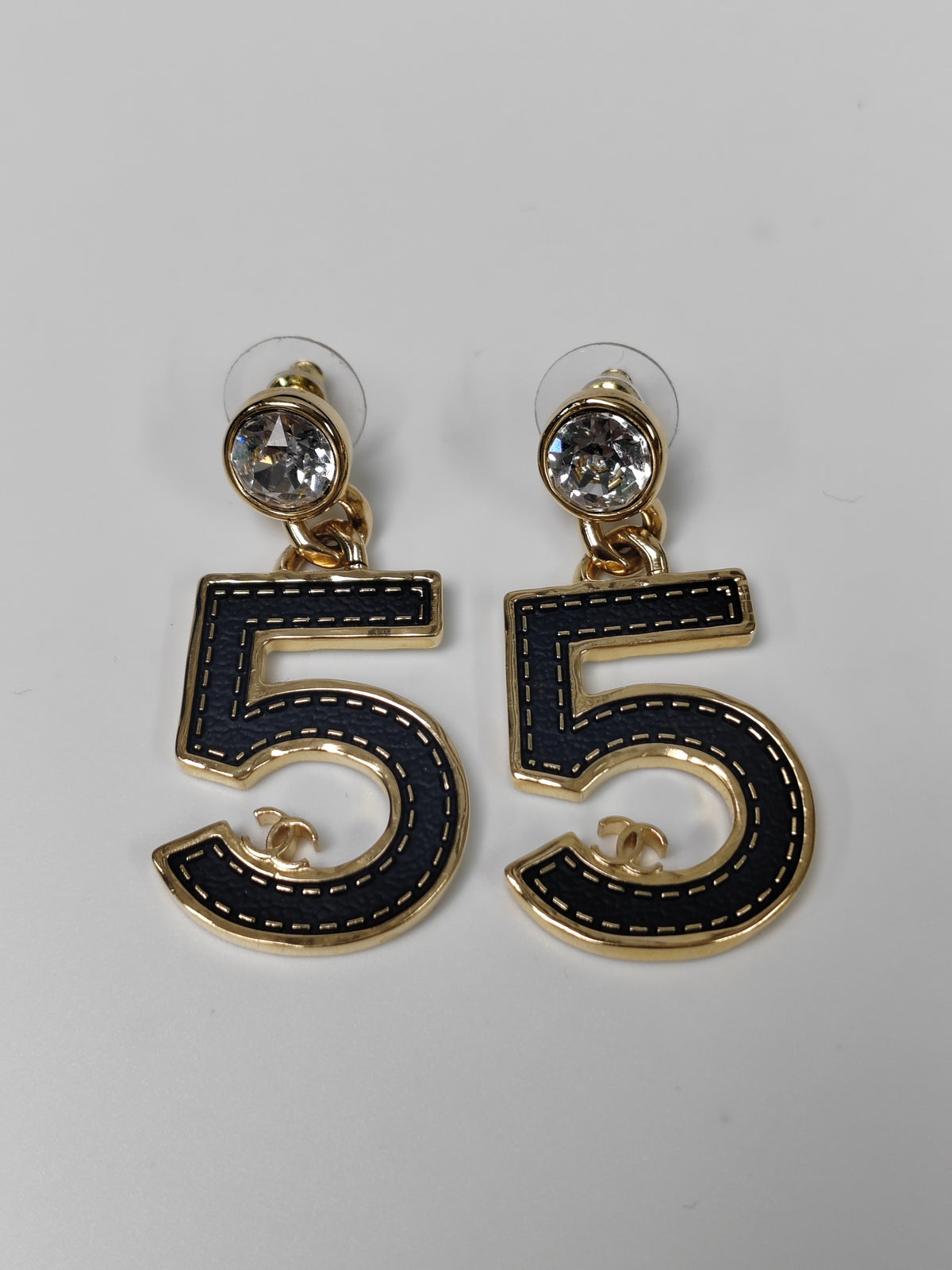 Chanel - Other - Gold-tone metal with clear faceted stone accents and navy number 5 detailing. - Multicolour
