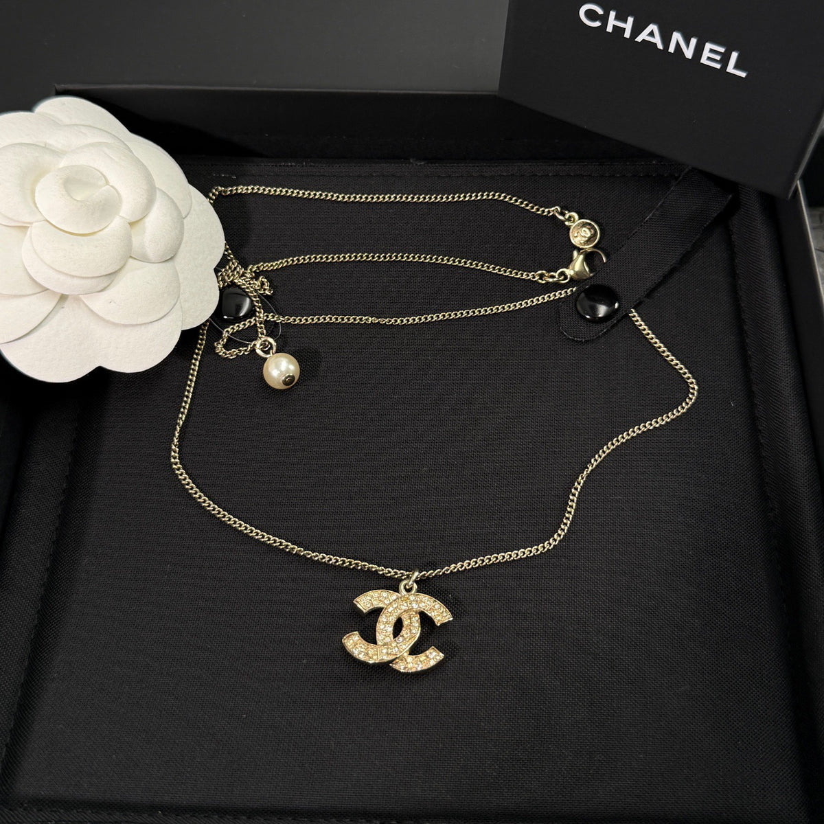 Chanel - Other - Gold-tone metal with clear rhinestone accents and a pearl-like drop - Gold - (43+15)