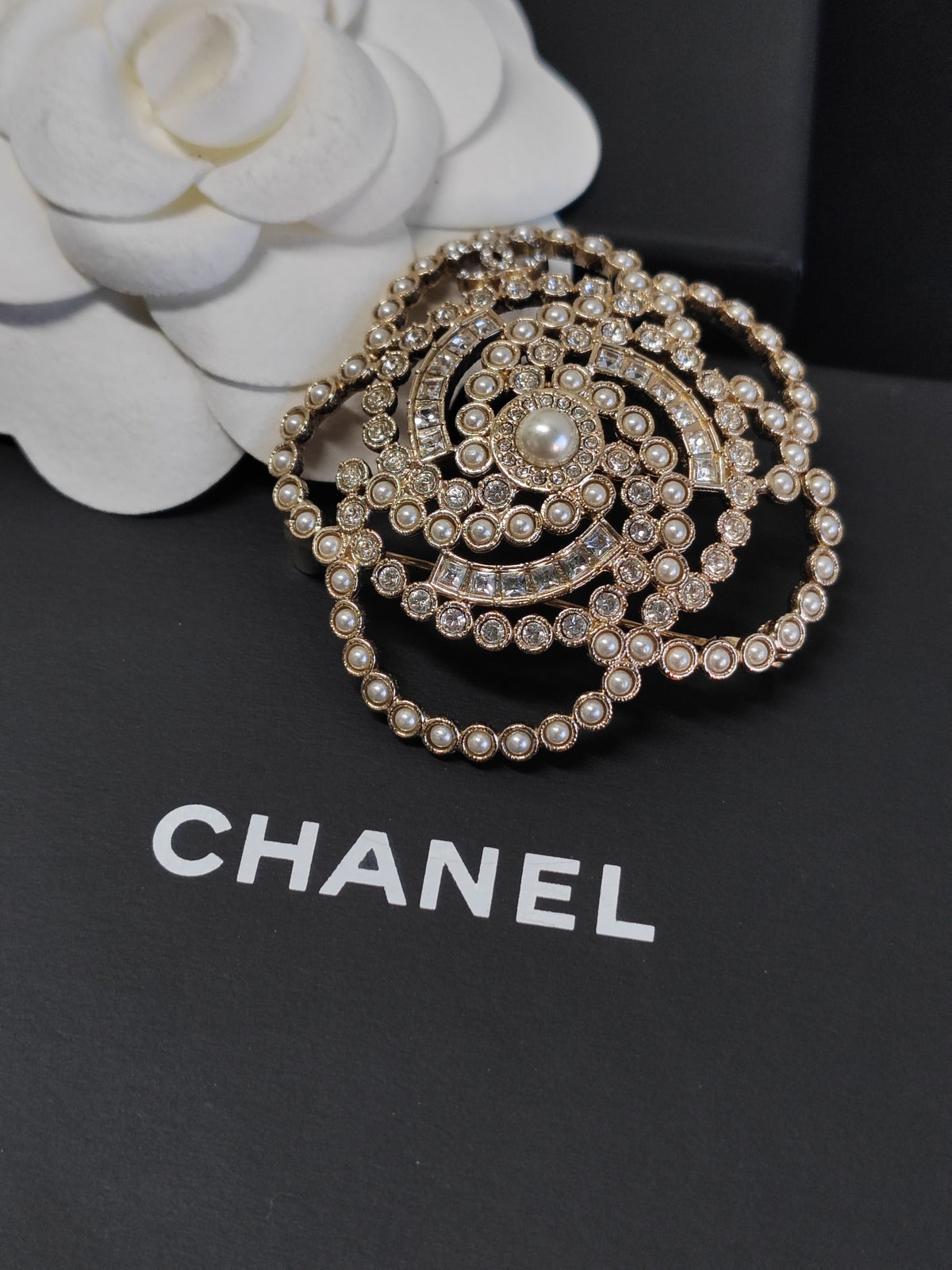 Chanel - Other - Gold-tone metal with clear rhinestones and faux pearls. - Gold