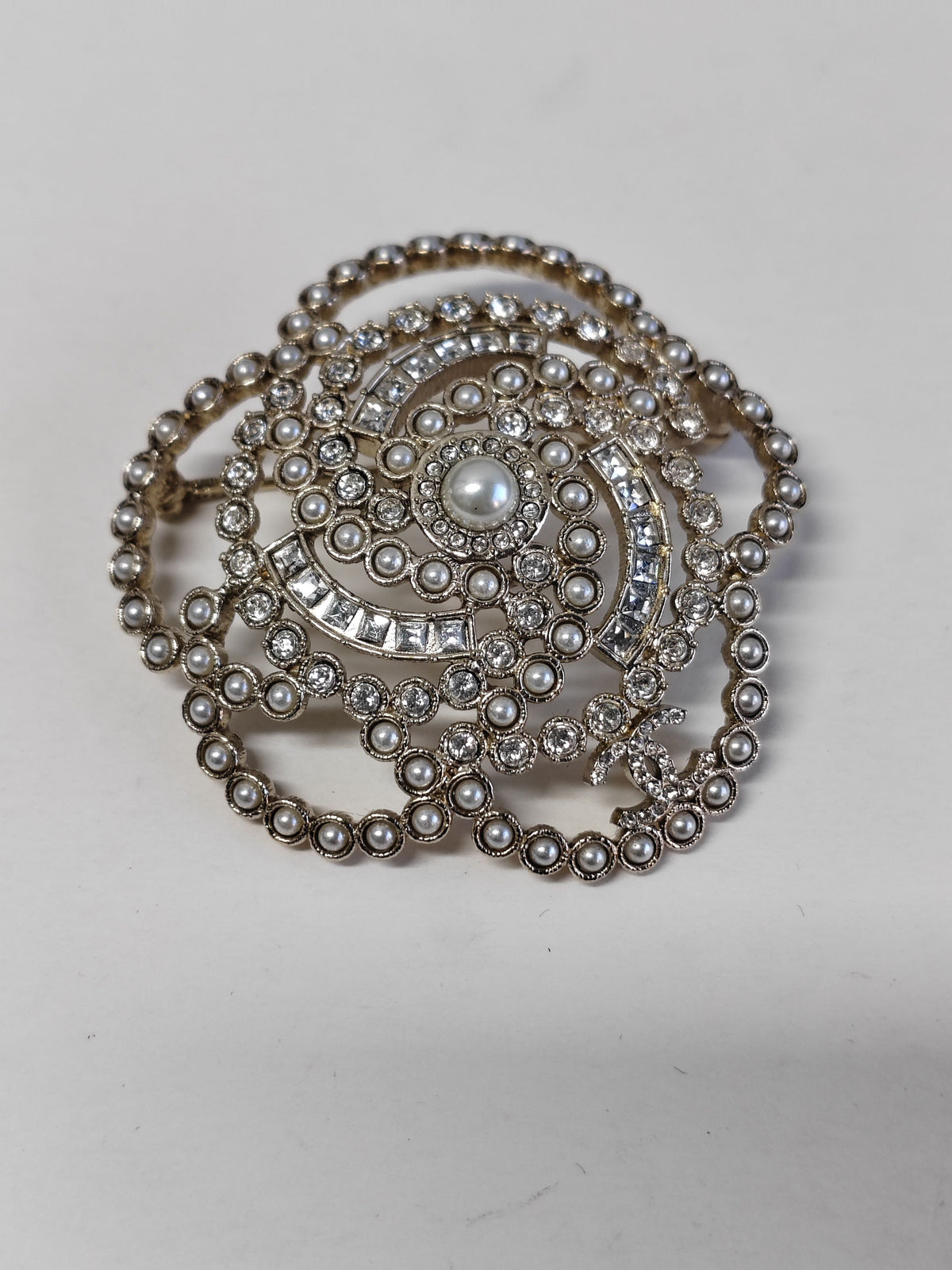 Chanel - Other - Gold-tone metal with clear rhinestones and faux pearls. - Gold