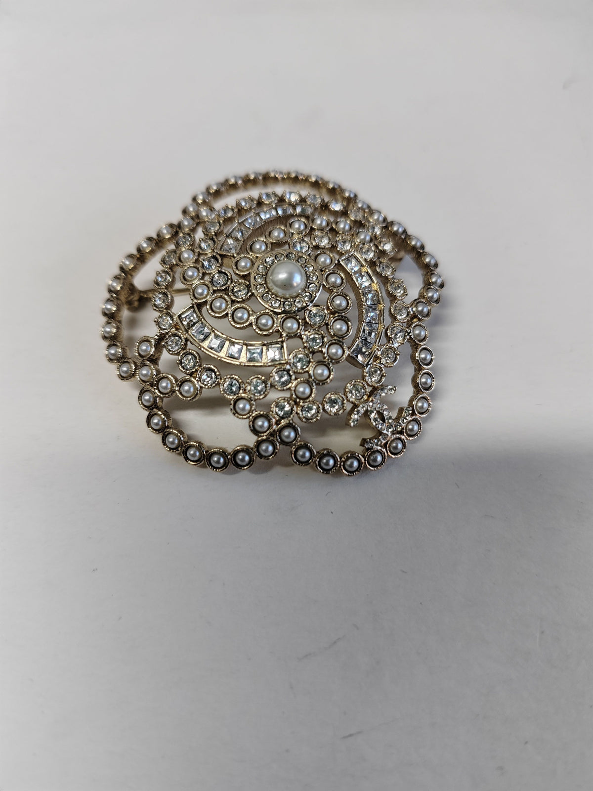 Chanel - Other - Gold-tone metal with clear rhinestones and faux pearls. - Gold