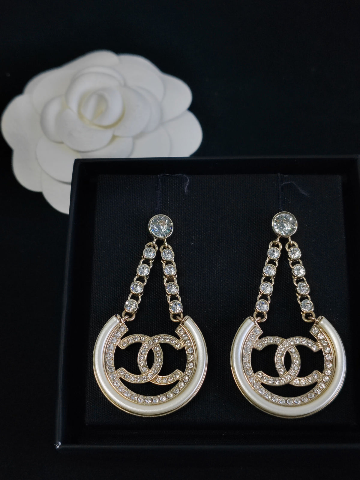 Chanel - Other - Gold-tone metal with clear rhinestones and white enamel accents. - Gold