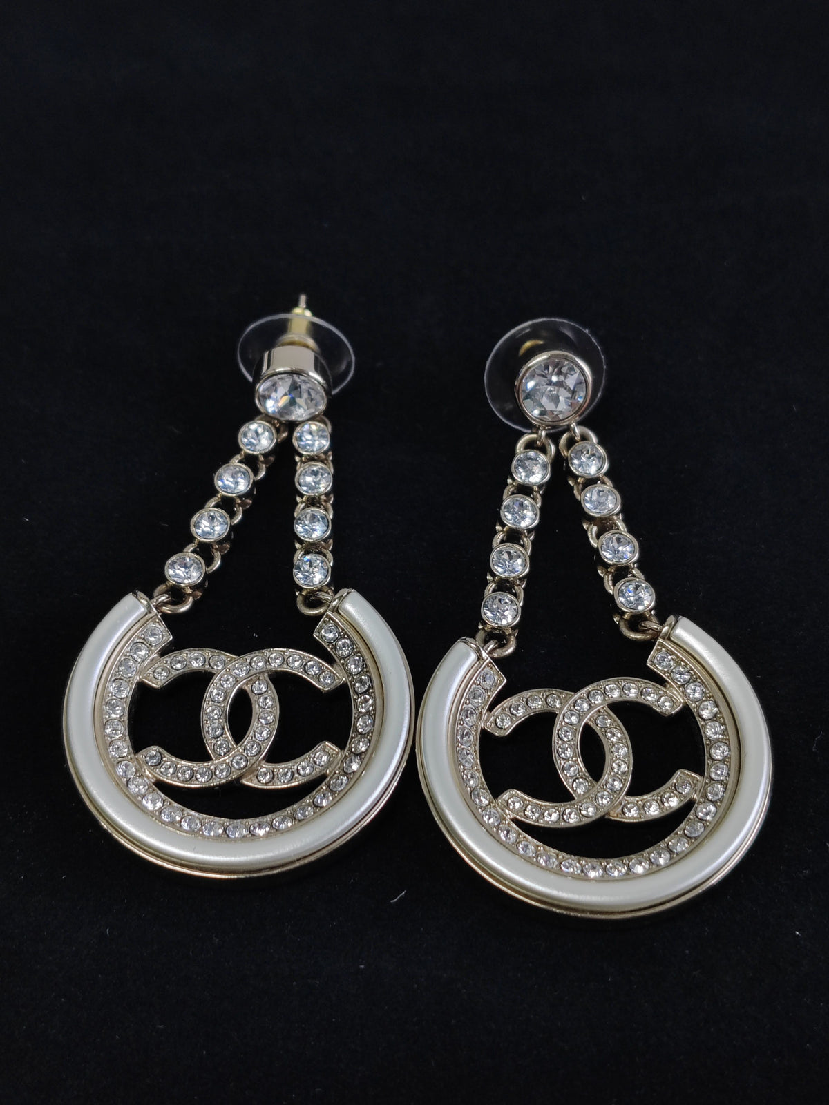 Chanel - Other - Gold-tone metal with clear rhinestones and white enamel accents. - Gold