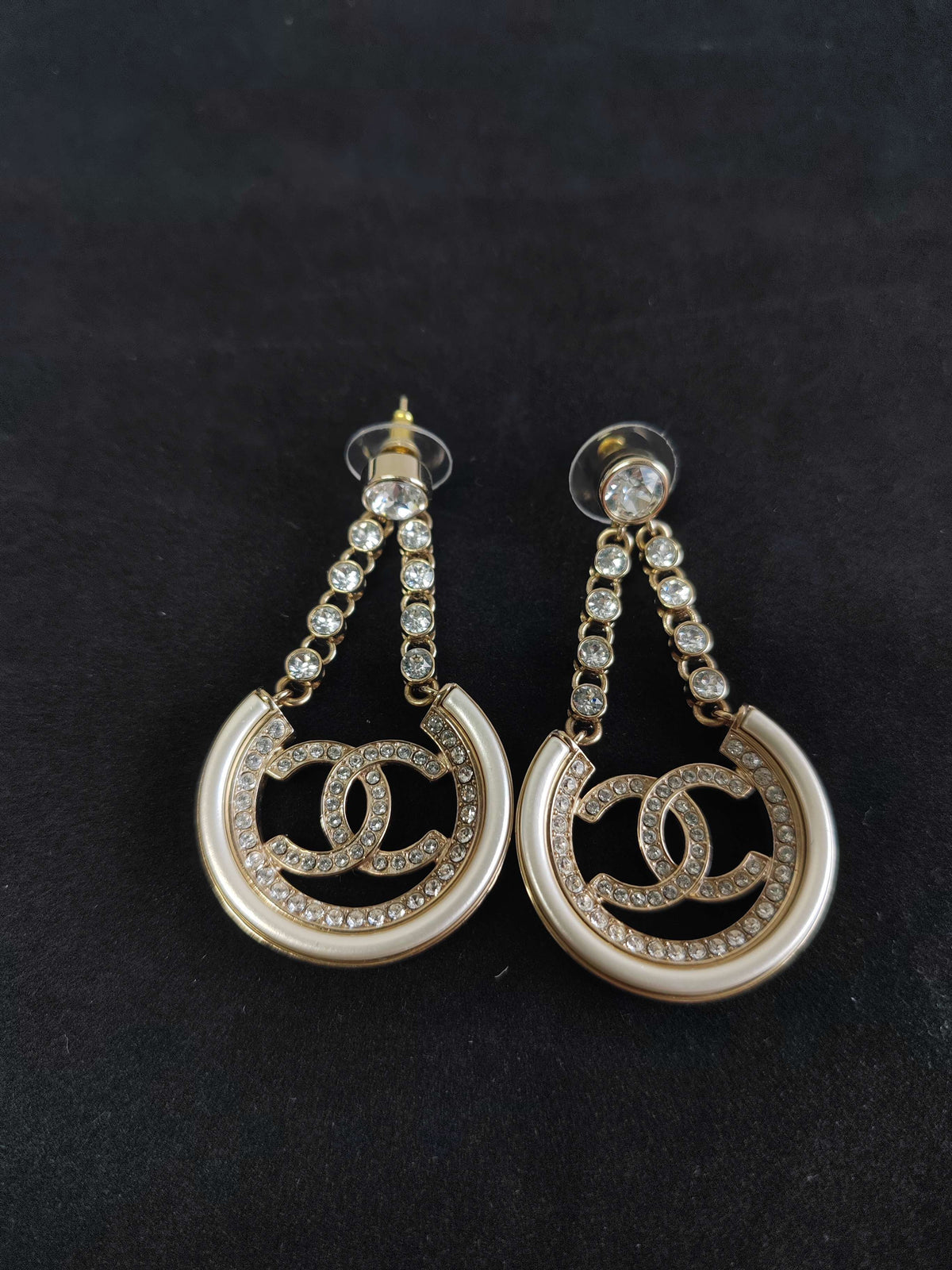 Chanel - Other - Gold-tone metal with clear rhinestones and white enamel accents. - Gold