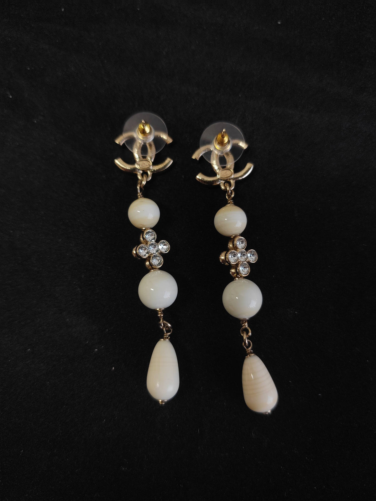 Chanel - Other - Gold-tone metal with clear rhinestones and white imitation pearl accents. - Gold
