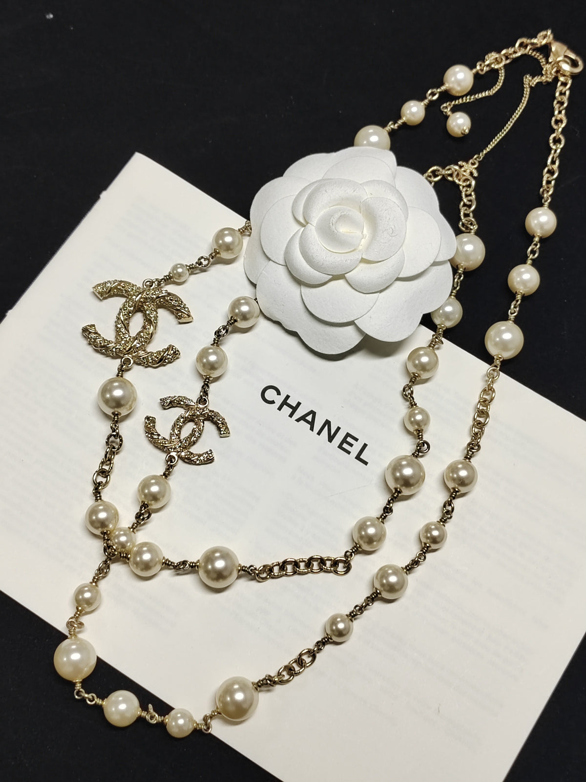 Chanel - Other - Gold-tone metal with faux pearl beads and clear crystal embellishments. - Gold