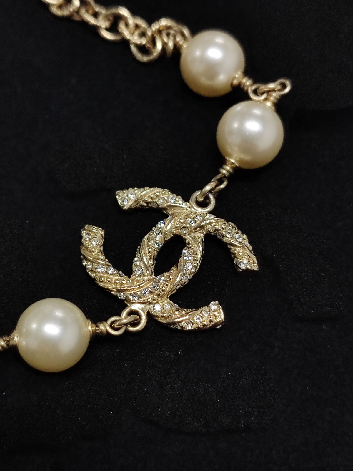 Chanel - Other - Gold-tone metal with faux pearl beads and clear crystal embellishments. - Gold