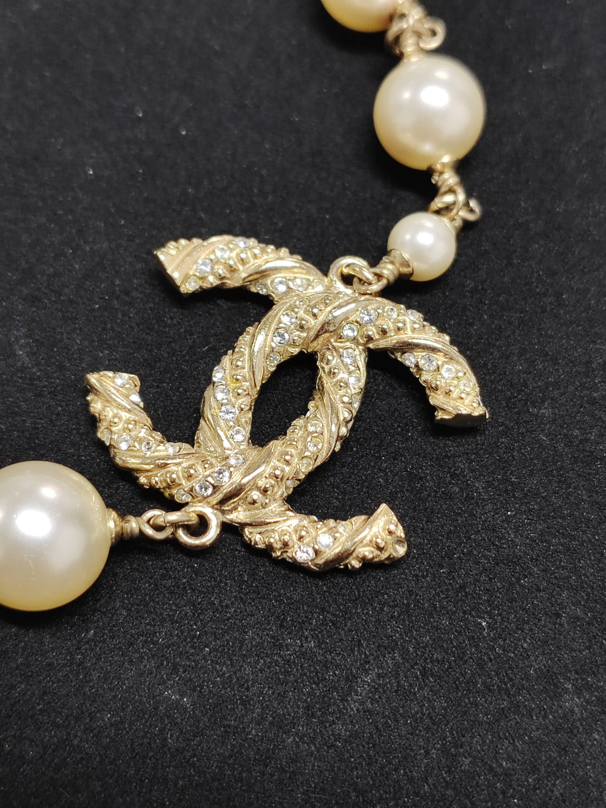 Chanel - Other - Gold-tone metal with faux pearl beads and clear crystal embellishments. - Gold