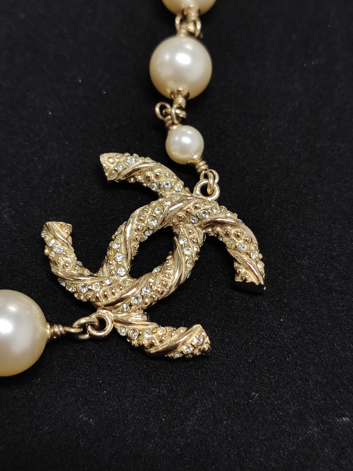 Chanel - Other - Gold-tone metal with faux pearl beads and clear crystal embellishments. - Gold