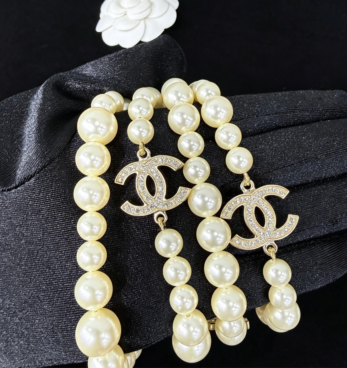 Chanel - Other - Gold-tone metal with faux pearl beads and crystal accents. - White