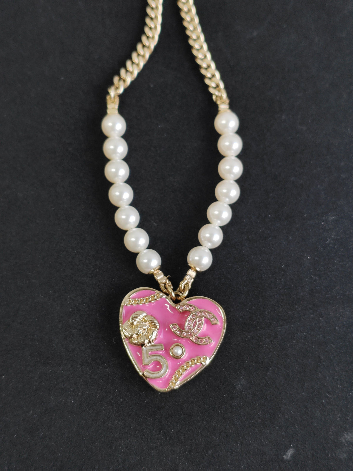 Chanel - Other - Gold-tone metal with faux pearl beads, pink enamel and crystal-set detailing. - Multicolour