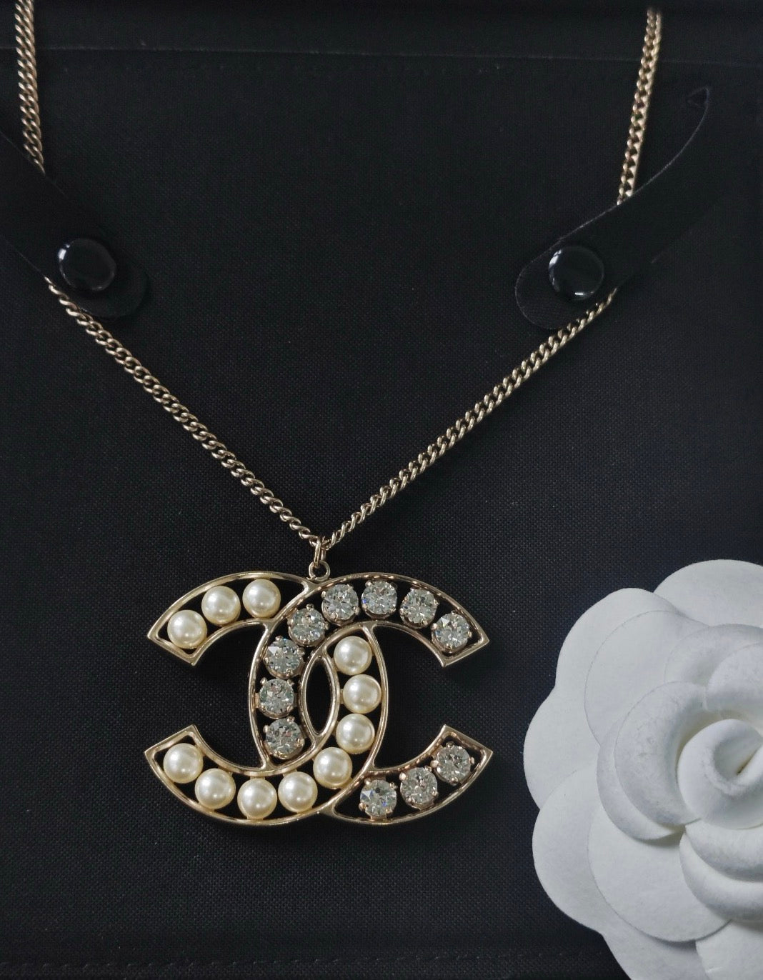 Chanel - Other - Gold-tone metal with faux pearls and clear rhinestone embellishments. - Gold