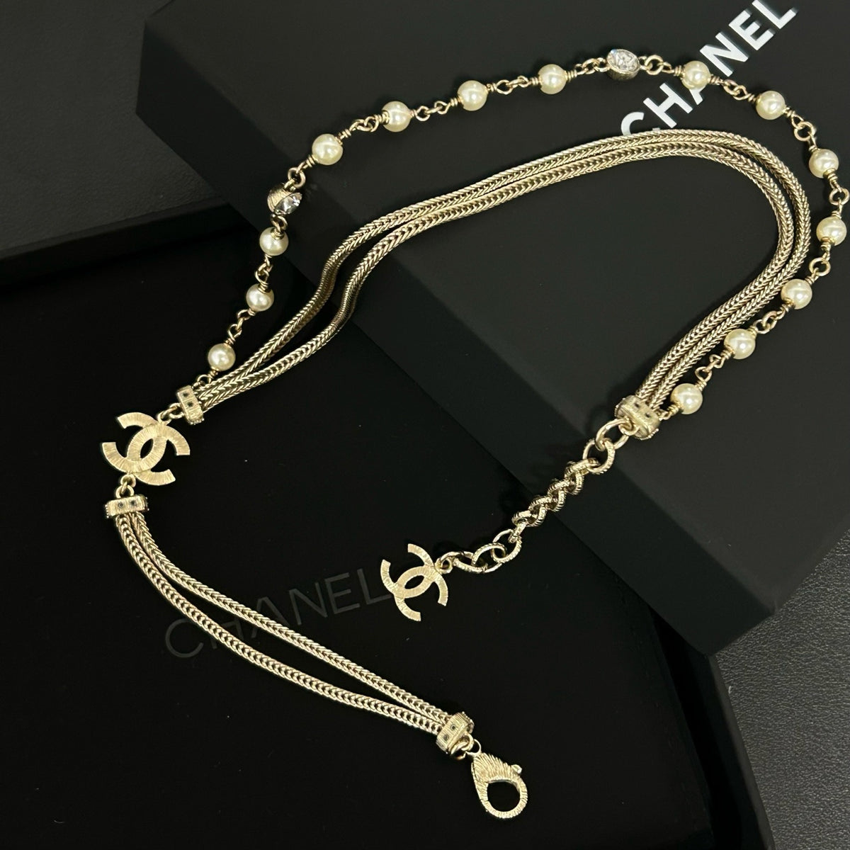 Chanel - Other - Gold-tone metal with faux pearls and clear rhinestone-style stones. - Gold