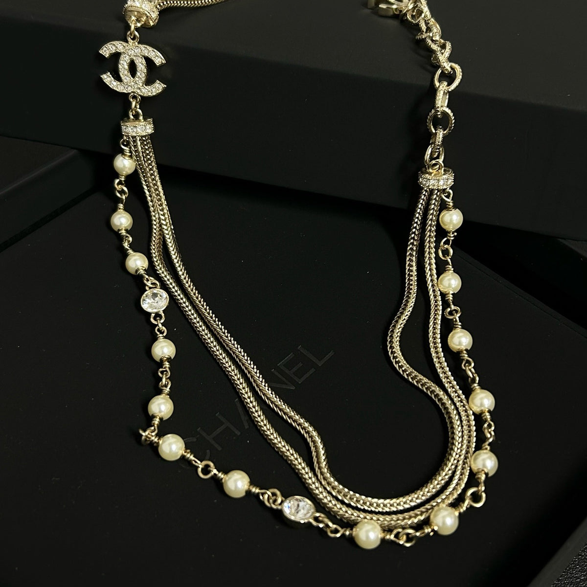 Chanel - Other - Gold-tone metal with faux pearls and clear rhinestone-style stones. - Gold