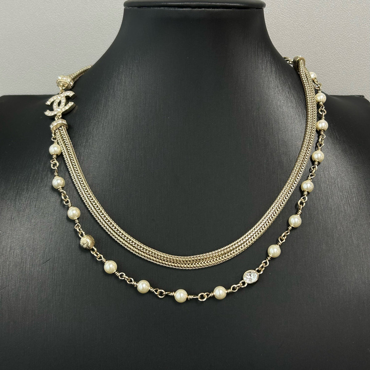 Chanel - Other - Gold-tone metal with faux pearls and clear rhinestone-style stones. - Gold