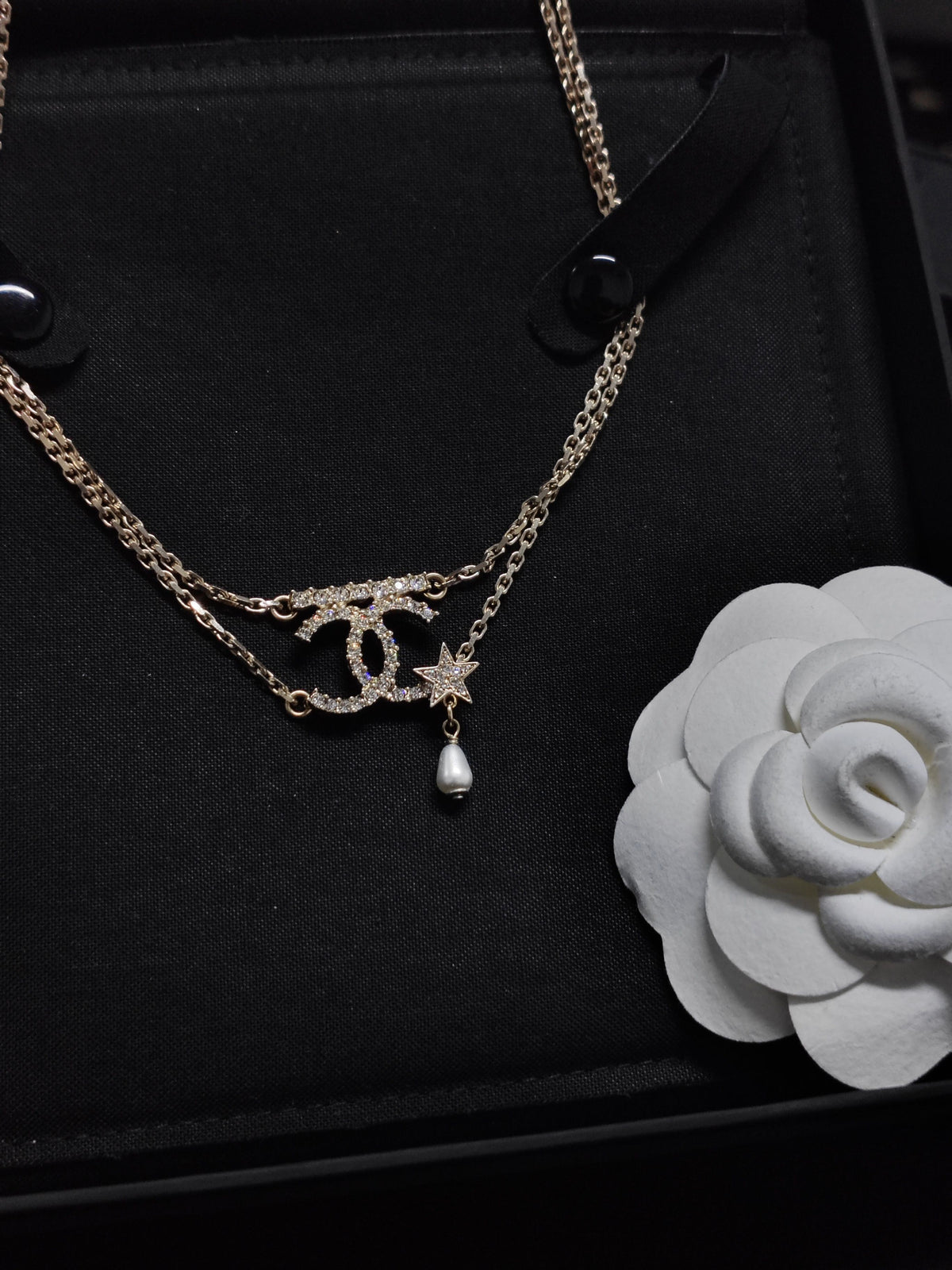 Chanel - Other - Gold-tone metal with glass rhinestones and a faux-pearl drop. - Gold