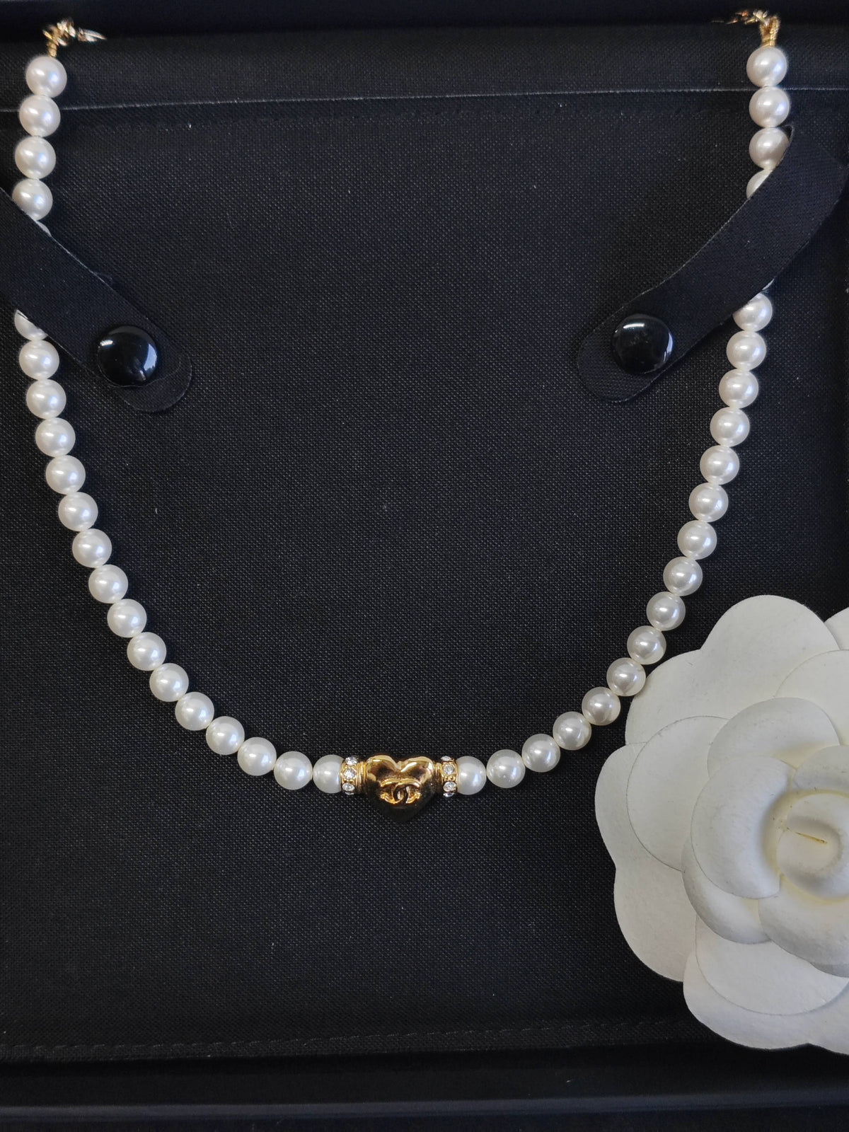 Chanel - Other - Gold-tone metal with imitation pearl beads and clear rhinestone accents. - White