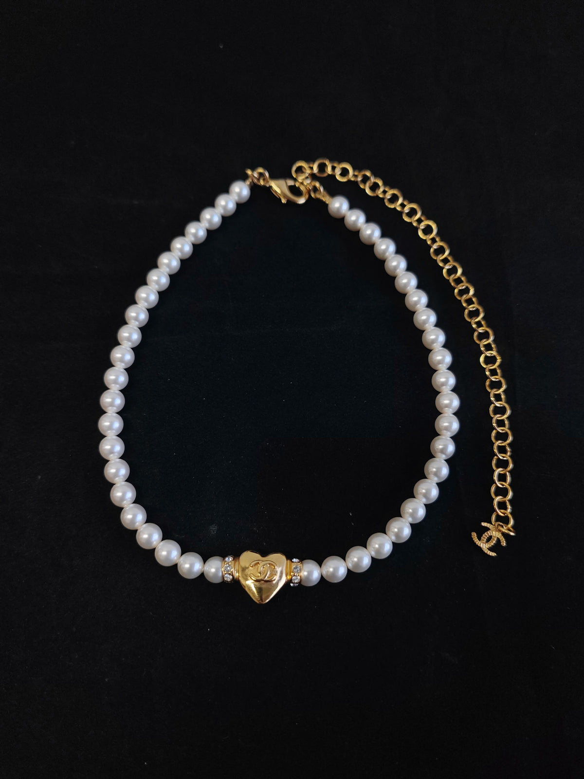 Chanel - Other - Gold-tone metal with imitation pearl beads and clear rhinestone accents. - White