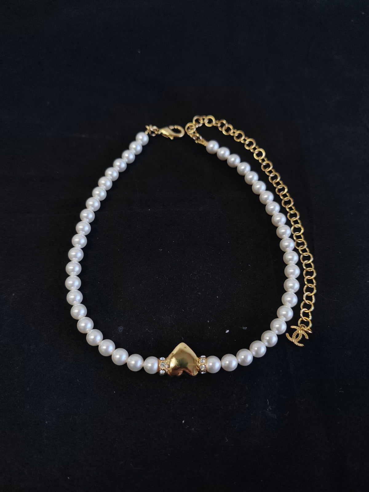 Chanel - Other - Gold-tone metal with imitation pearl beads and clear rhinestone accents. - White