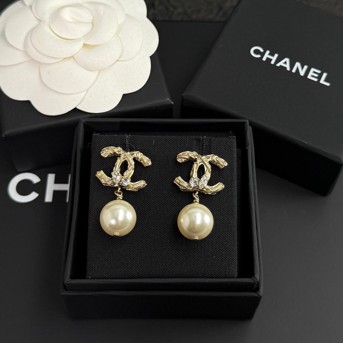 Chanel - Other - Gold-tone metal with imitation pearls and clear stone accents. - Gold
