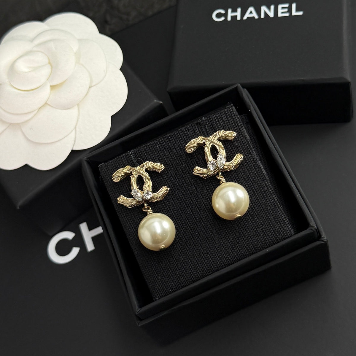 Chanel - Other - Gold-tone metal with imitation pearls and clear stone accents. - Gold