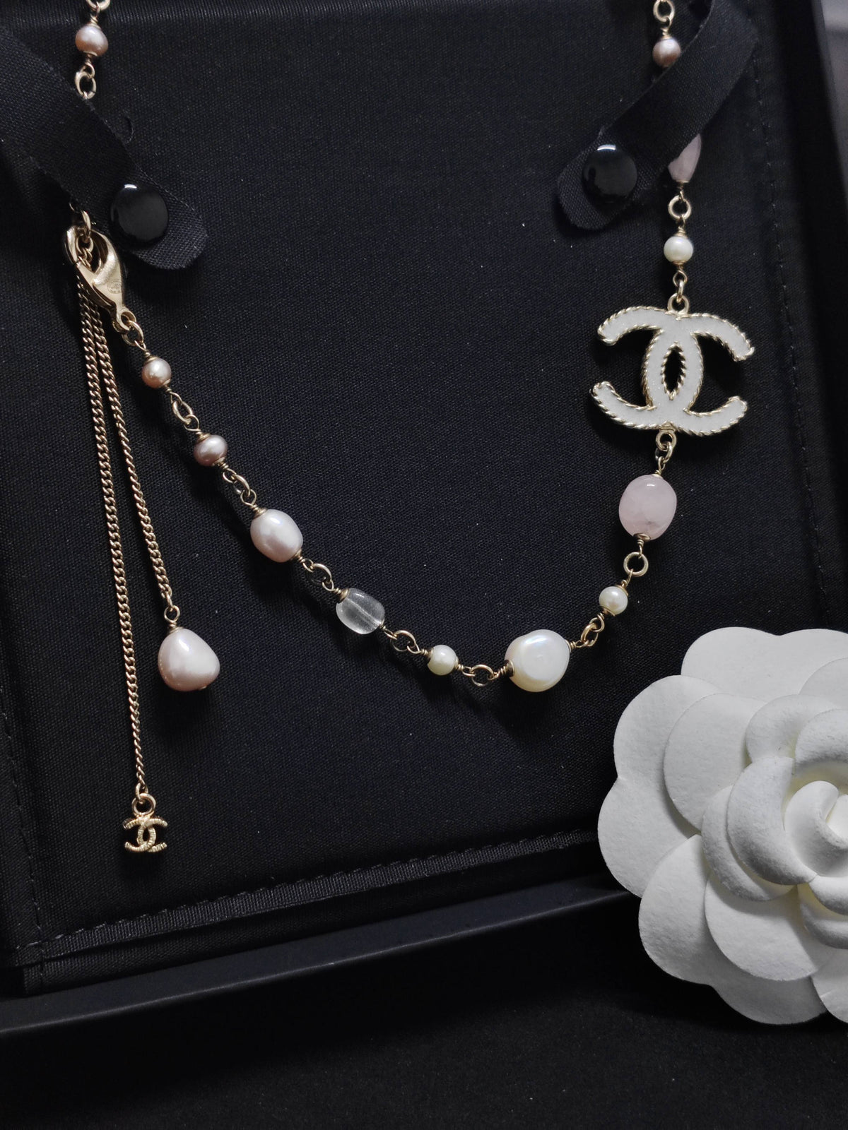 Chanel - Other - Gold-tone metal with pearl-like and pink beads. - Multicolour