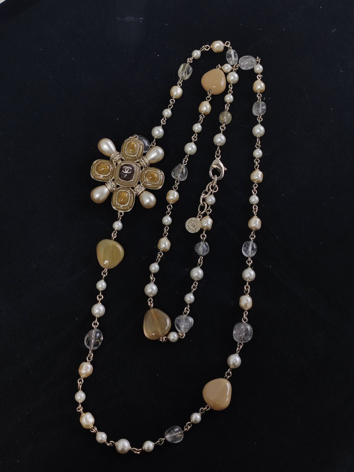 Chanel - Other - Gold-tone metal with pearl-like beads and assorted decorative stones; exact stone composition unknown. - Multicolour