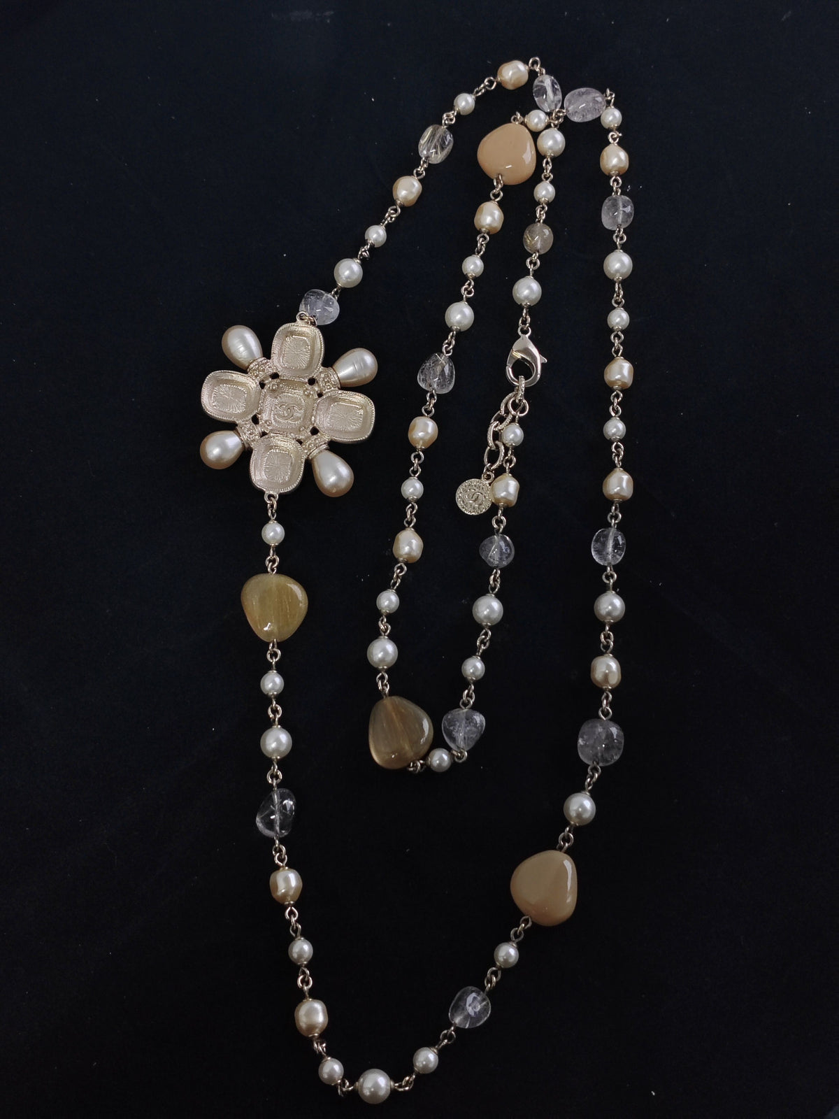 Chanel - Other - Gold-tone metal with pearl-like beads and assorted decorative stones; exact stone composition unknown. - Multicolour