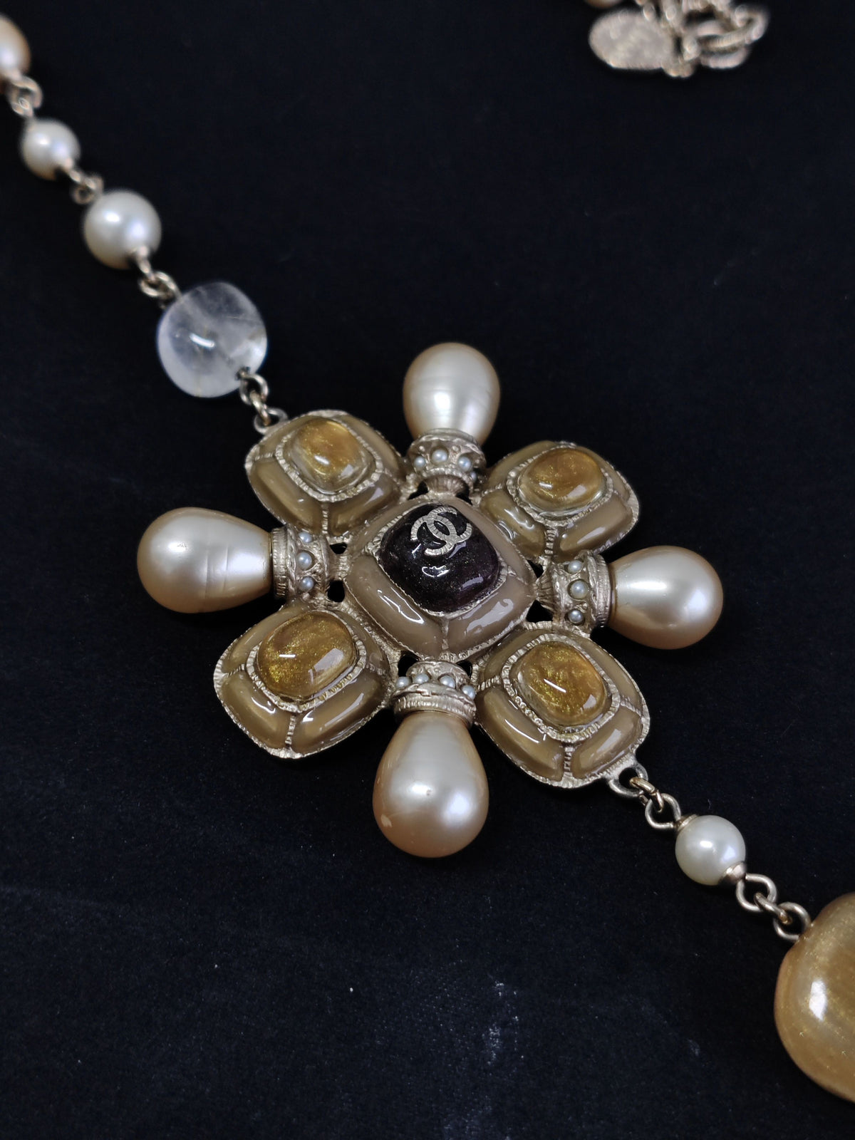 Chanel - Other - Gold-tone metal with pearl-like beads and assorted decorative stones; exact stone composition unknown. - Multicolour