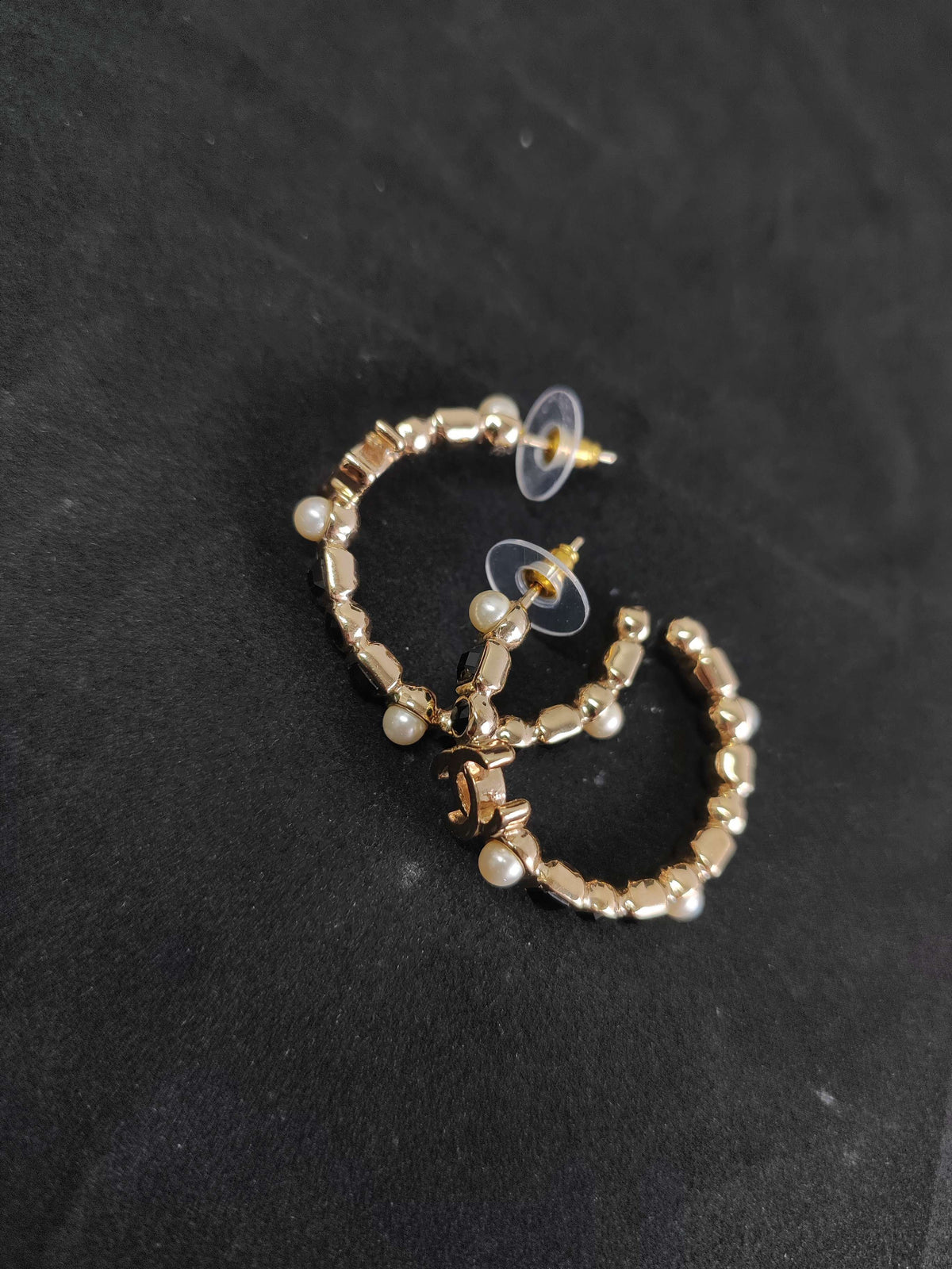 Chanel - Other - Gold-tone metal with pearl-like beads and black faceted stones; exact bead and stone composition is unknown. - Gold