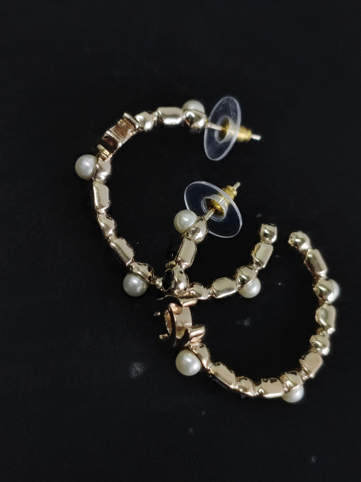 Chanel - Other - Gold-tone metal with pearl-like beads and black faceted stones; exact bead and stone composition is unknown. - Gold