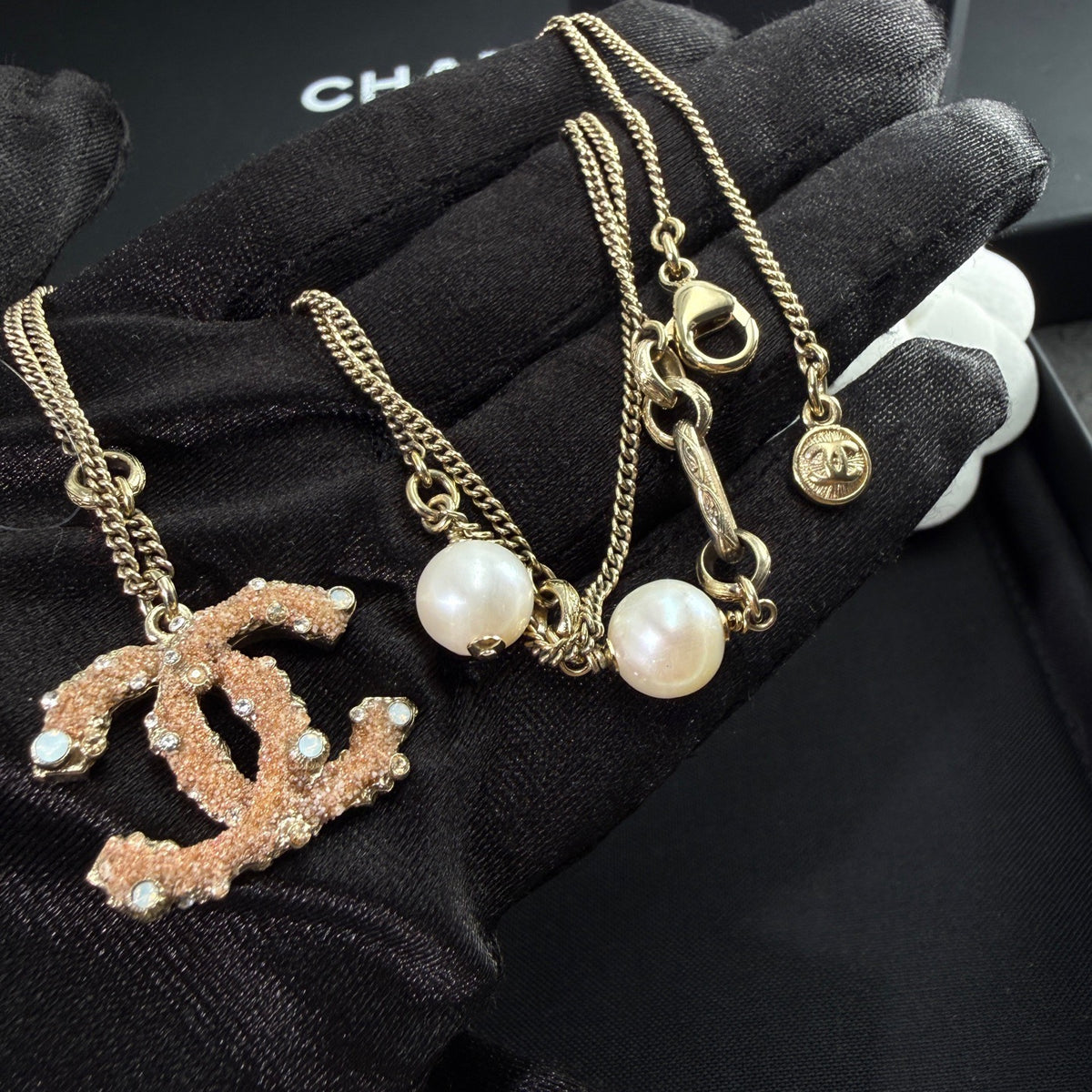 Chanel - Other - Gold-tone metal with pearl-like beads and crystal embellishments. - Gold