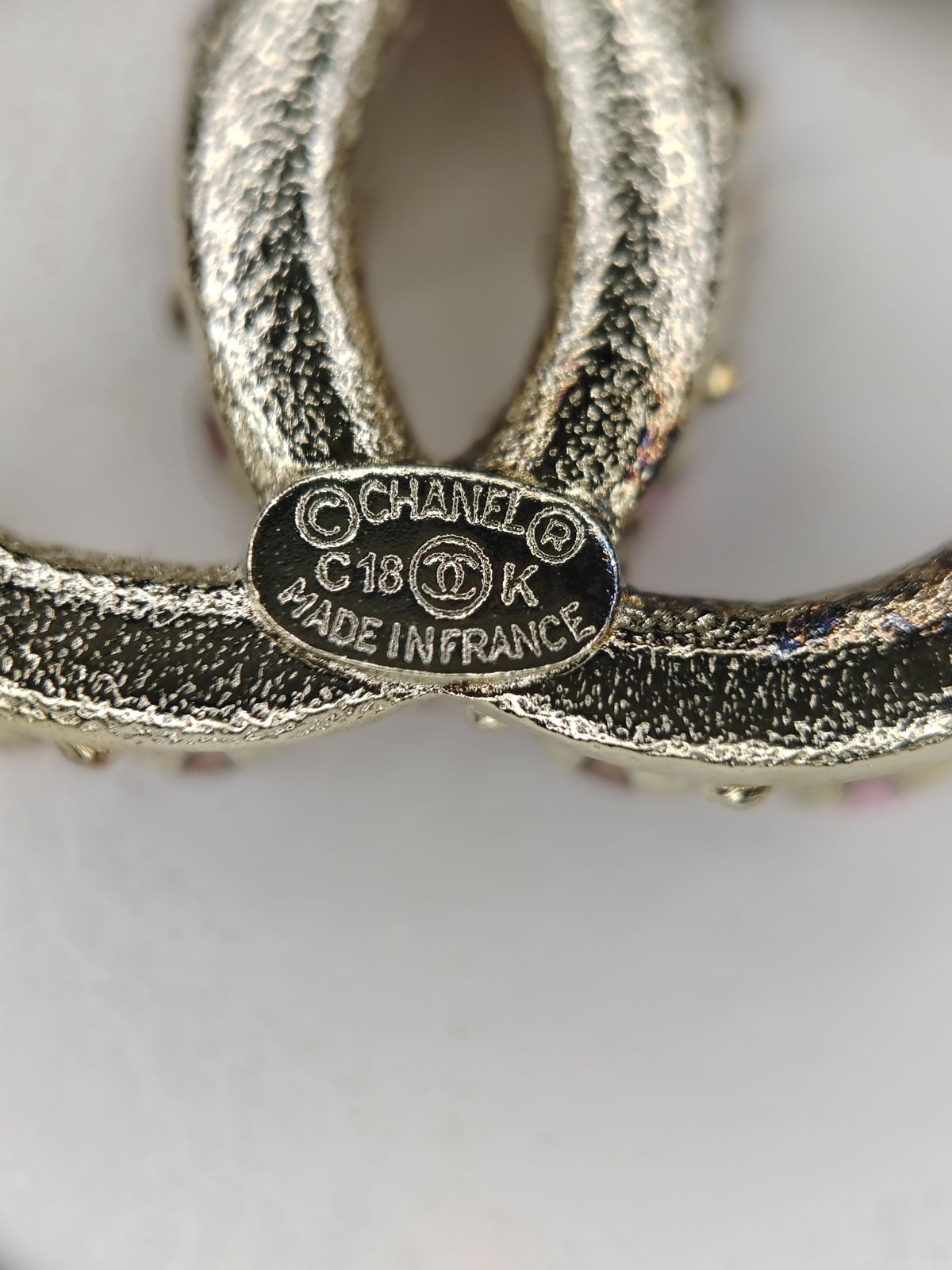 Chanel - Other - Gold-tone metal with pink, orange and red faux pearl-like embellishments. - Multicolour