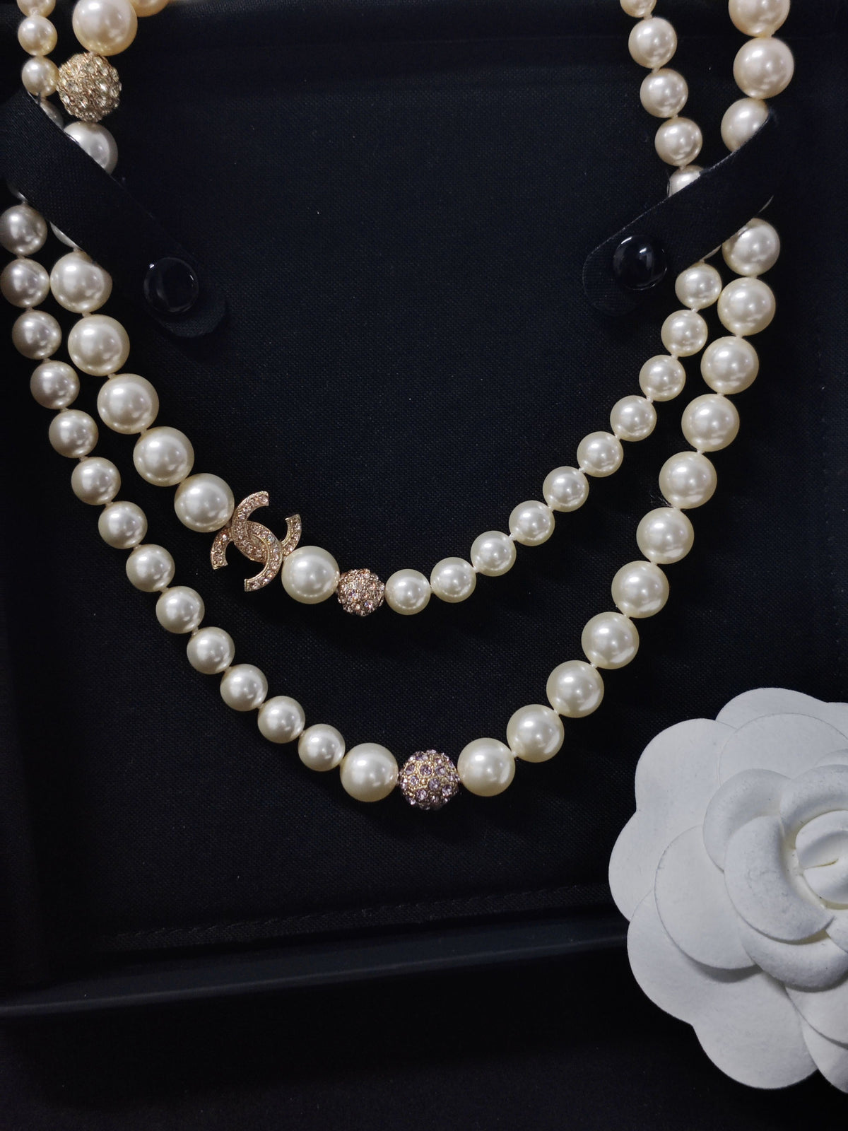 Chanel - Other - Imitation pearls with gold-tone metal and crystal embellishments. - Beige