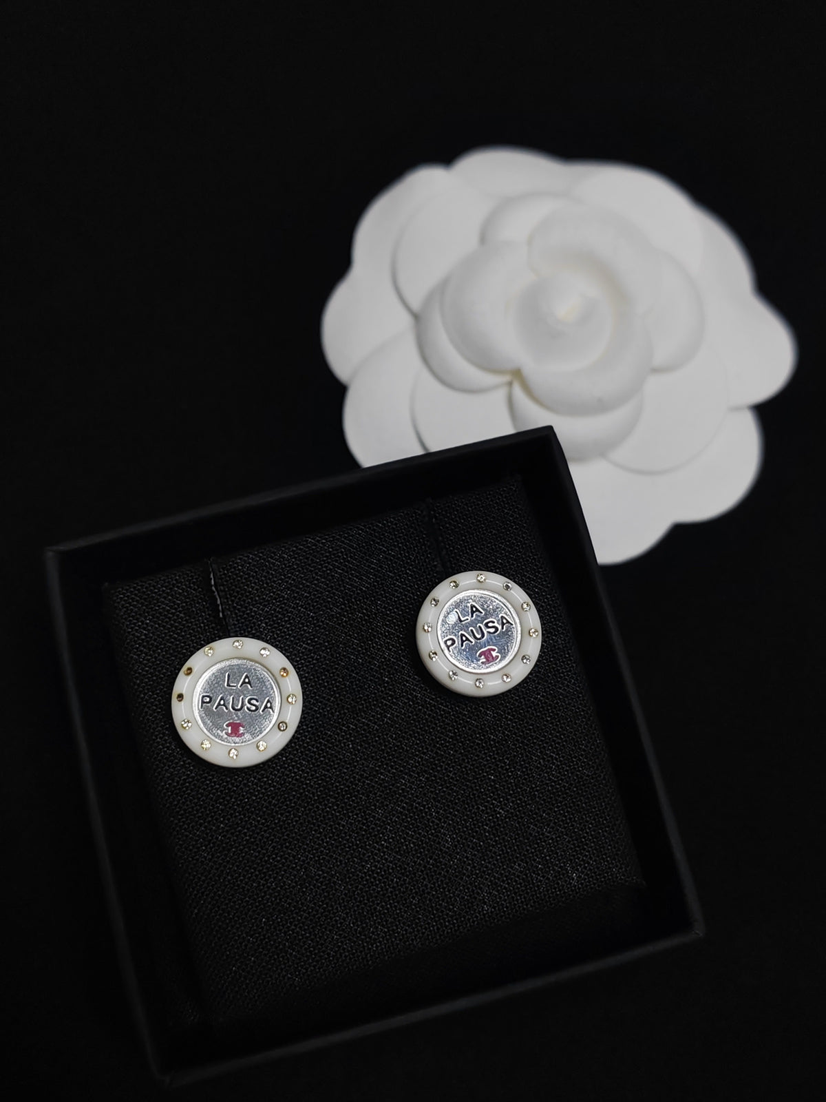 Chanel - Other - Metal with white resin and rhinestone accents; exact metal composition unspecified. - White