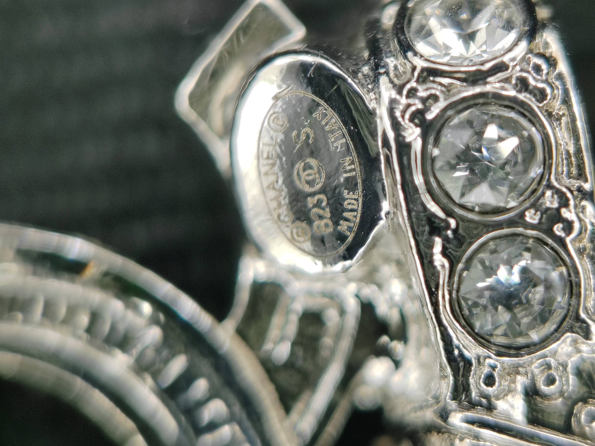 Chanel - Other - Silver-tone base metal with clear rhinestones and pink crystal drops. - Multicolour