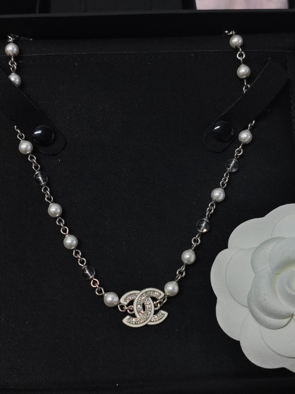 Chanel - Other - Silver-tone base metal with imitation pearls and clear rhinestones. - Silver