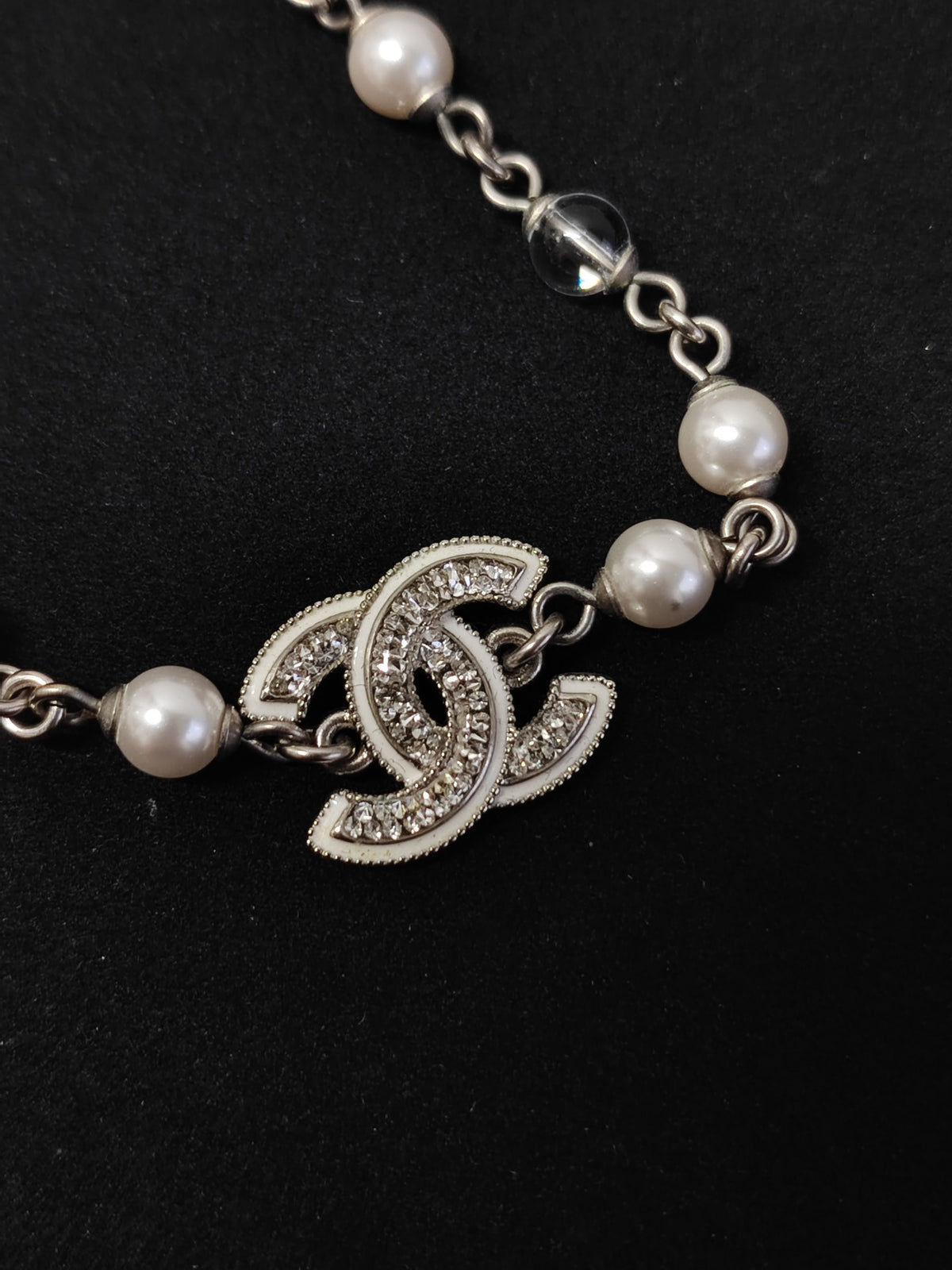 Chanel - Other - Silver-tone base metal with imitation pearls and clear rhinestones. - Silver
