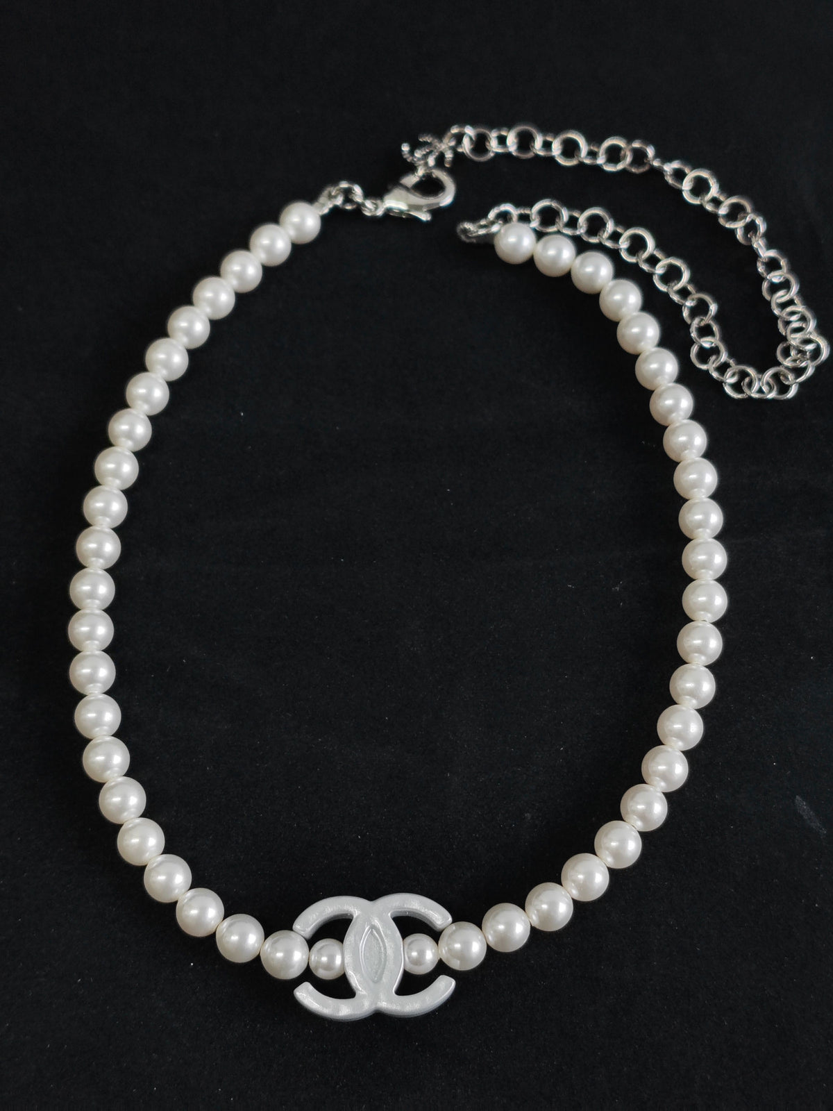Chanel - Other - Silver-tone metal chain and hardware with white imitation pearl beads. - White