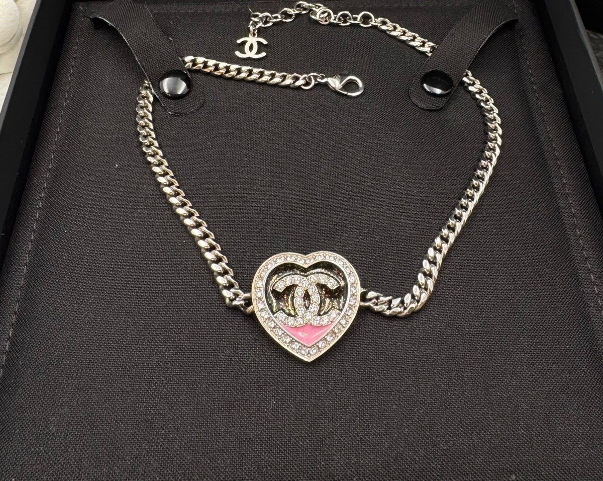 Chanel - Other - Silver-tone metal with clear crystal embellishments and pink enamel. - Silver - (31+7)