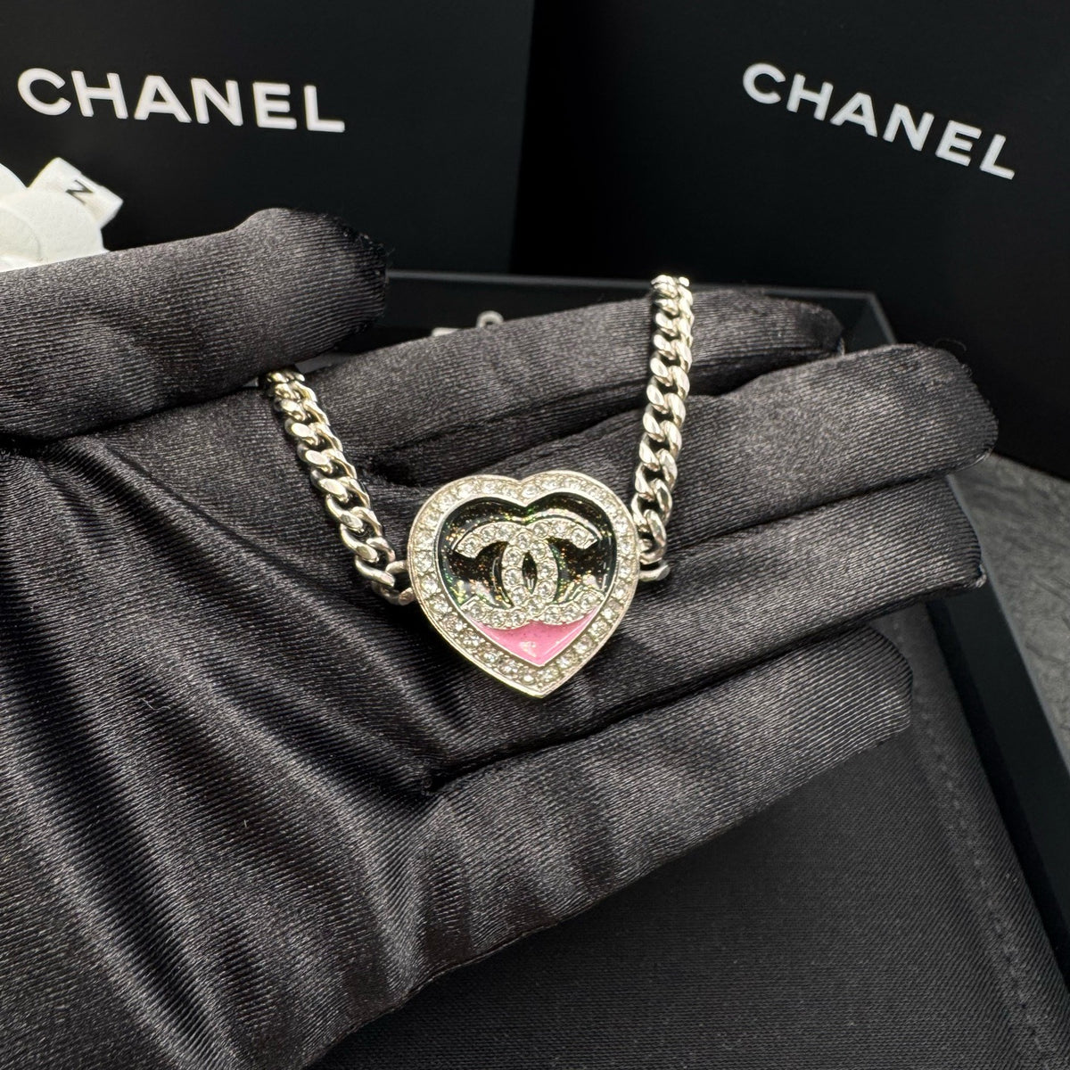 Chanel - Other - Silver-tone metal with clear crystal embellishments and pink enamel. - Silver - (31+7)