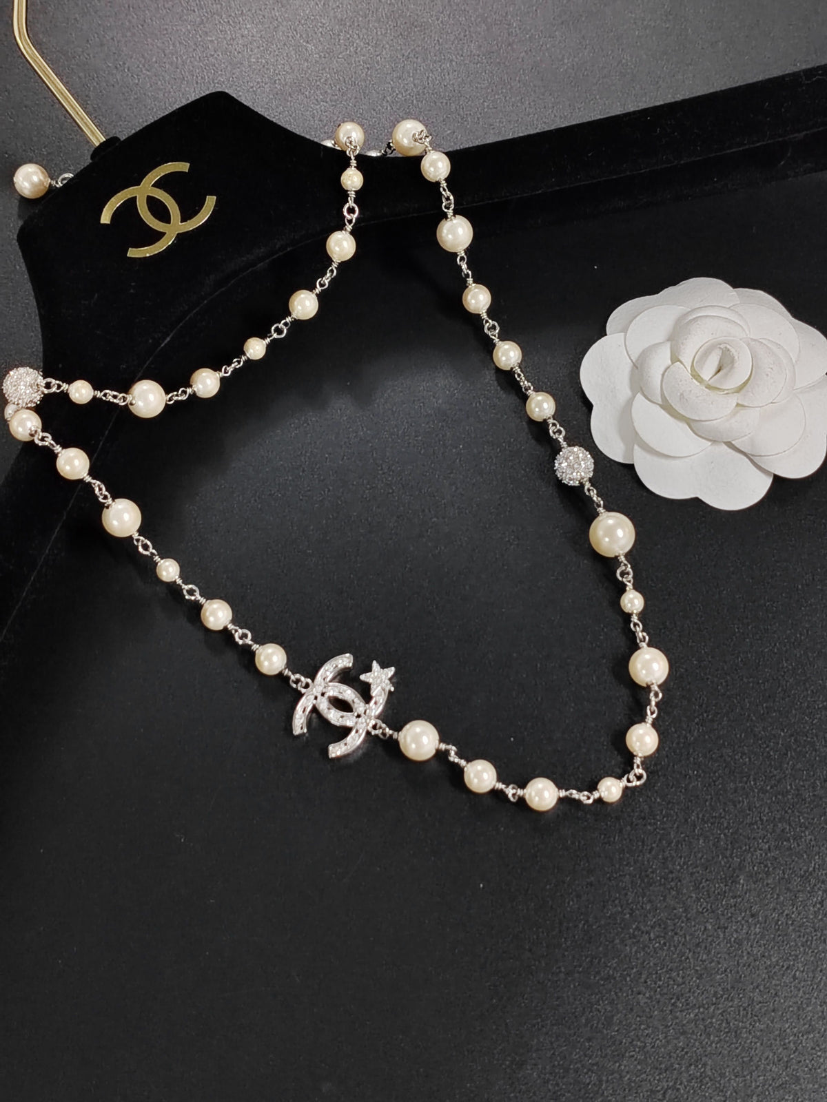 Chanel - Other - Silver-tone metal with imitation pearls and rhinestone accents. - White