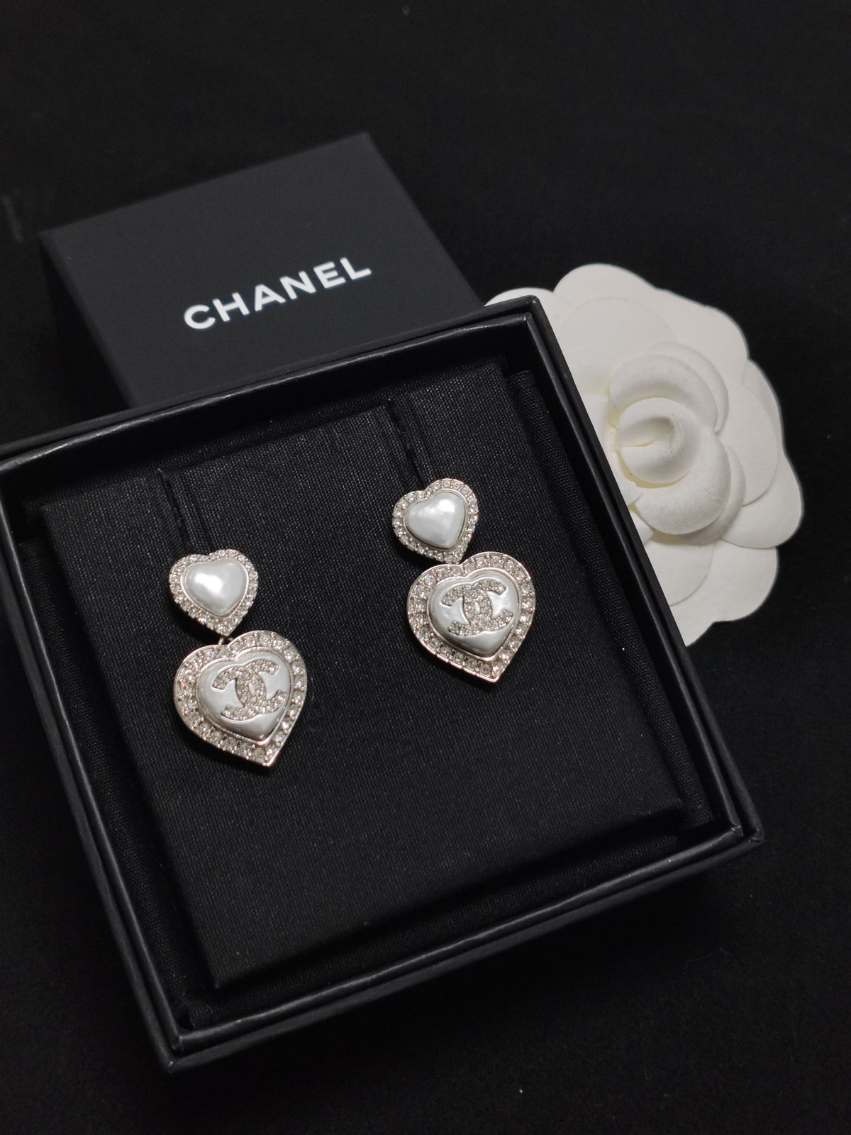 Chanel - Other - Silver-tone metal with pearl-style heart inlays and rhinestone embellishments. - Silver
