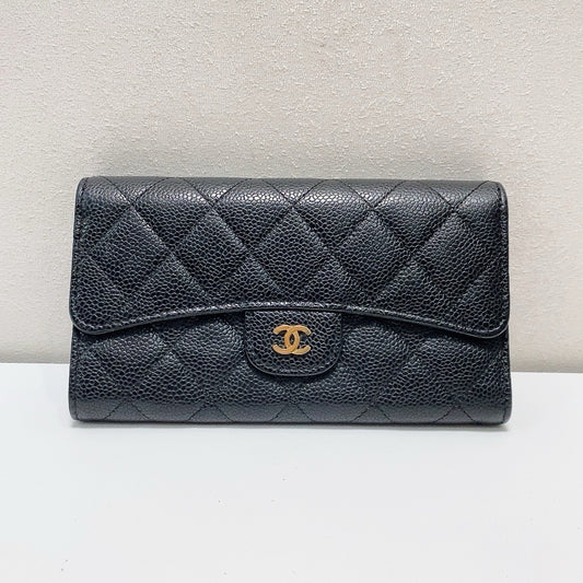 Chanel - Quilted Long Wallet - Leather - Black - (Other)