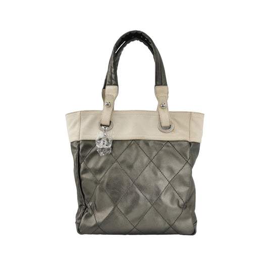 Chanel - Quilted Two-Tone Tote - Metallic quilted synthetic fabric with canvas and leather trim - Metallic Grey and Cream - (Medium)