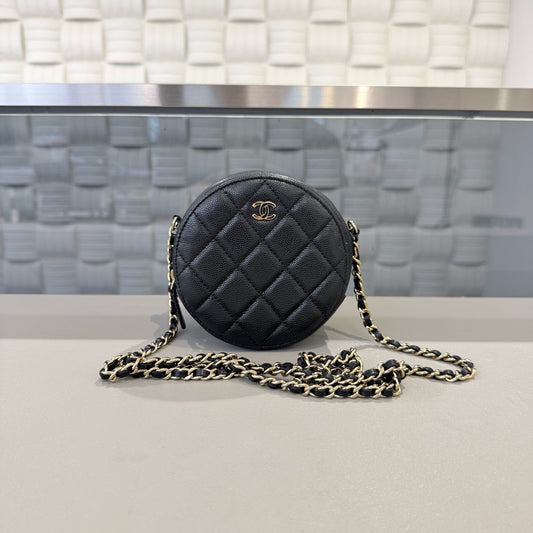 Chanel - Round Clutch with Chain - Caviar leather - Black with Gold-Tone Hardware - (Mini)