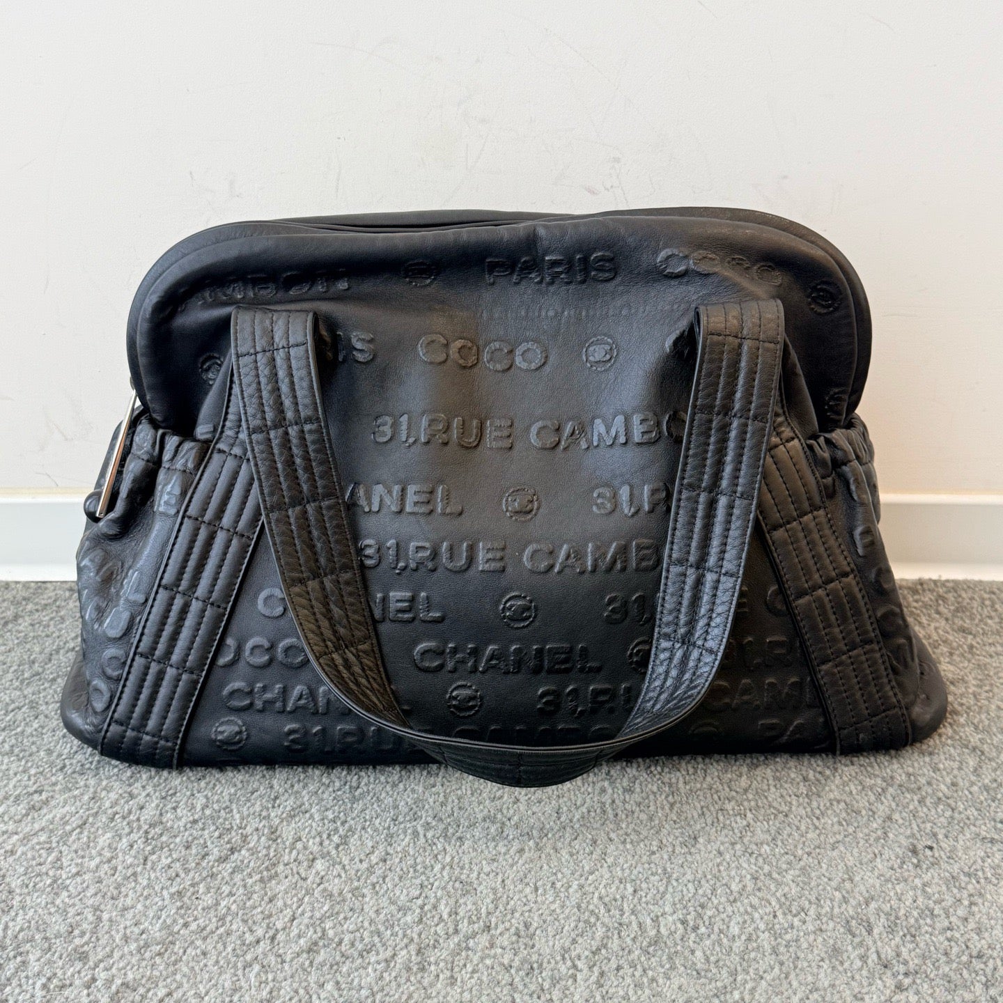 Chanel - Rue Cambon Embossed Boston Bag - Calfskin - Black - (large)